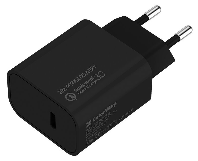 COLORWAY 1x USB-C/ síťová nabíječka/ 20W/ 100V-240V/ Černá