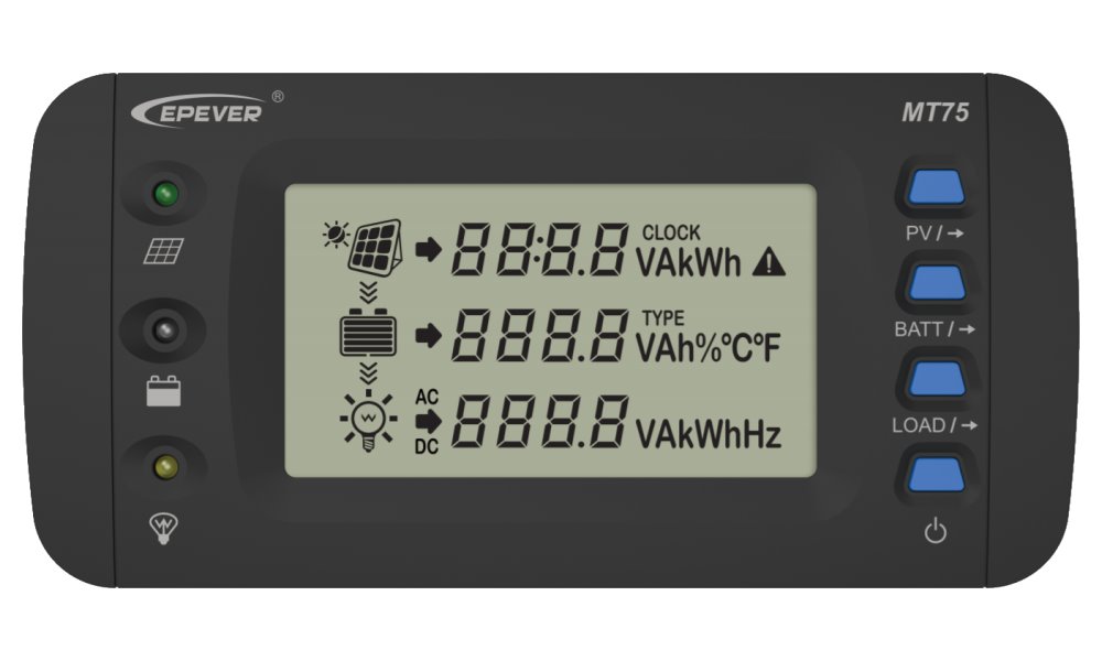 EPEVER MT75 Externí displej, pro solární regulátory a invertory EPsolar/EPever, 4,7" LCD, 2x RJ-45 (RS-485), 1x 2pin suchý kontakt MT75