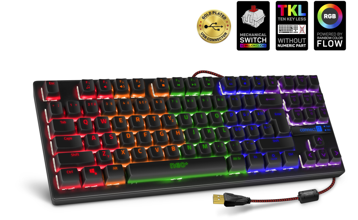 CONNECT IT NEO+ Compact mechanická herní klávesnice, RGB podsvícení , USB, (CZ+SK verze)