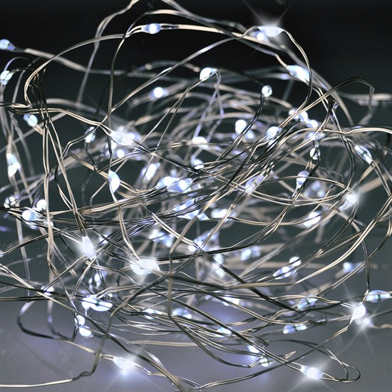 Solight vánoční řetěz stříbrný, 100x mini LED, 10m, 3 x AA, studené světlo - 1V54-W