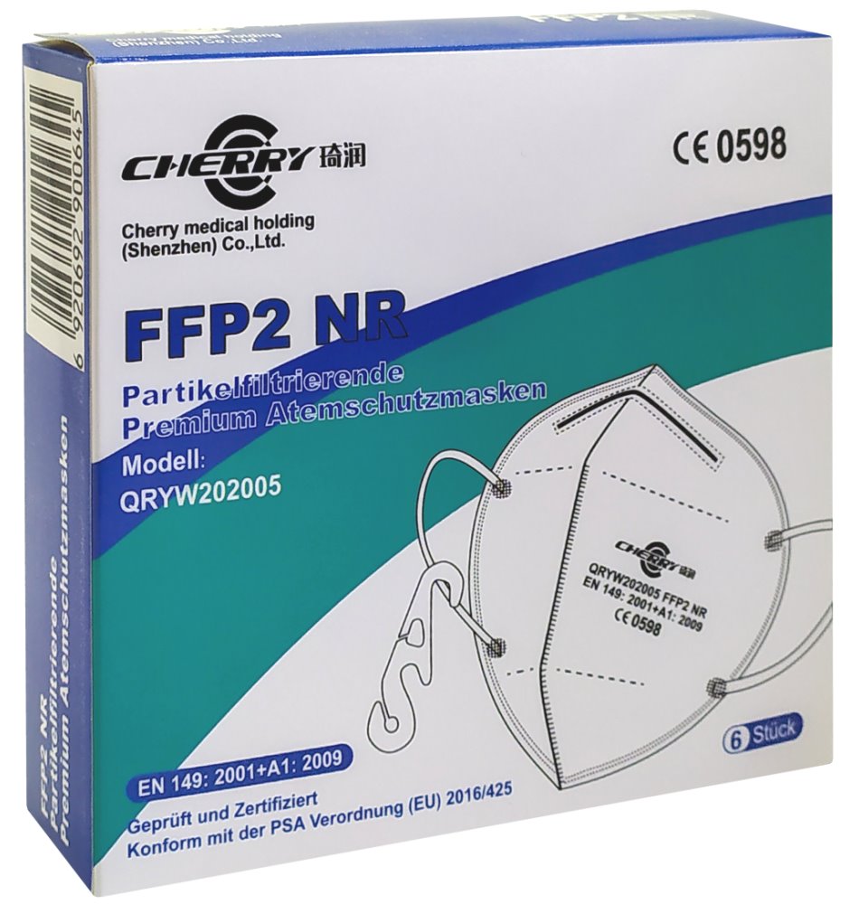 CHERRY 6ks Respirátor QRYW202005 s filtrační třídou ochrany FFP2 NR bílý / stupeň filtrace > 95%