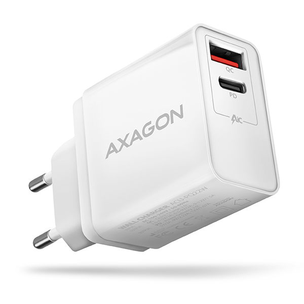 AXAGON ACU-PQ22W, duální nabíječka do sítě, 2x port QC3.0/AFC/FCP + PD type-C, 22W