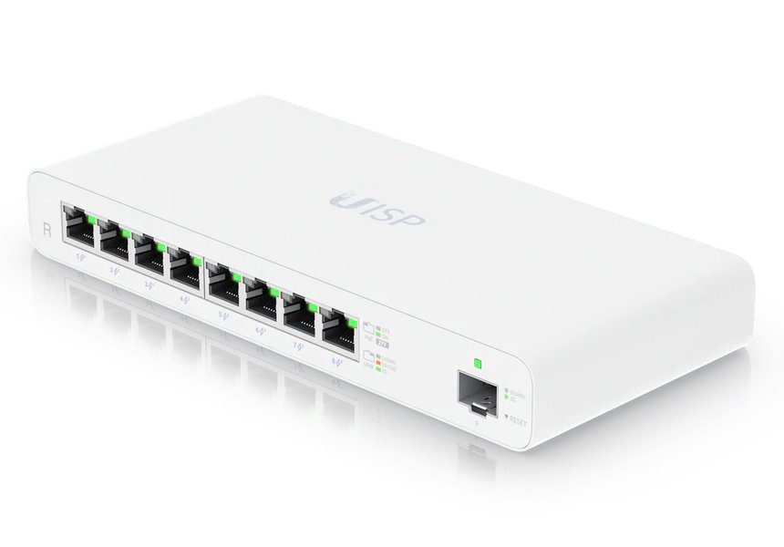Ubiquiti UISP Router - 8x Gbit RJ45 port, 1x SFP port, 8x PoE Out 27V, fanless, (PoE budget 110W)