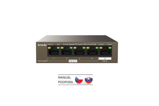 Tenda TEG1105PD PoE PD Gigabit switch, 1x PoE IN, 4x PoE OUT 802.3af, 5x 1 Gb/s, max. 30W, fanless