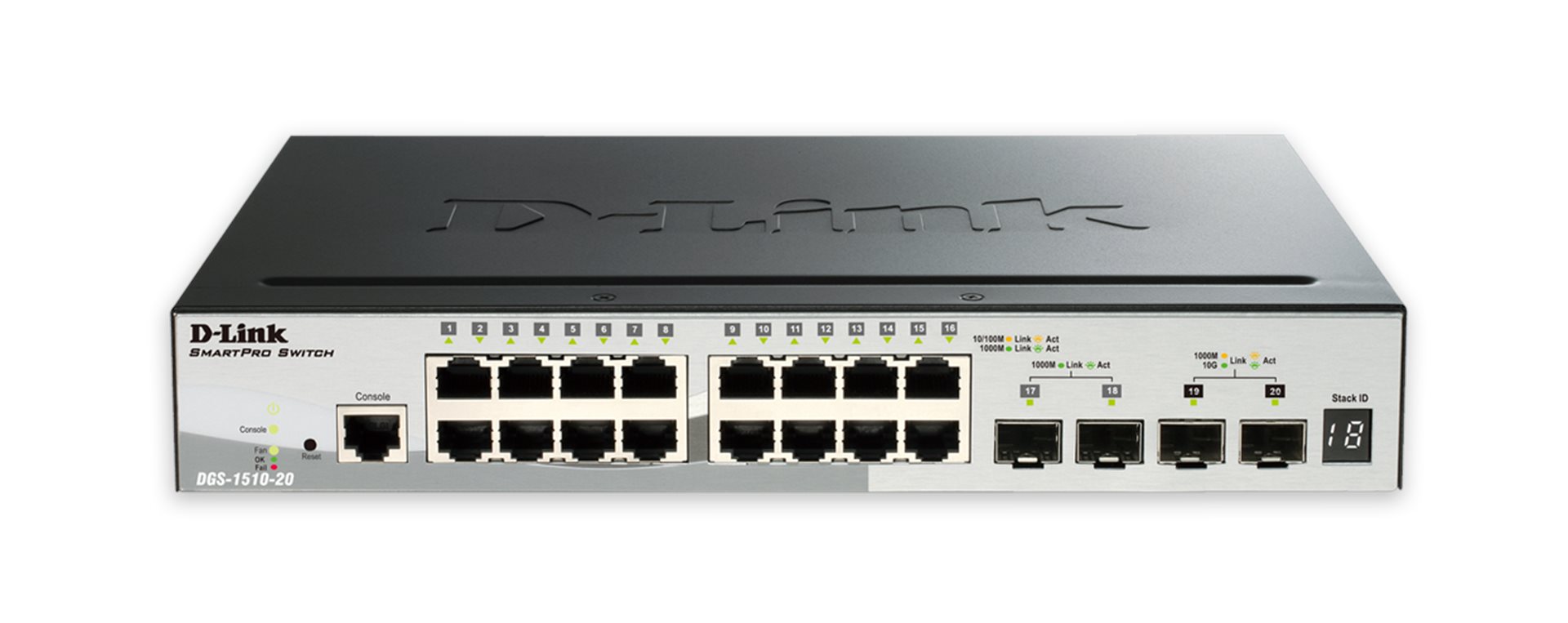 D-Link DGS-1510-20 D-Link DGS-1510-20 20-Port Gigabit Stackable SmartPro Switch, 16x gigabit RJ45, 2x 10G SFP+ port, 2x SFP port