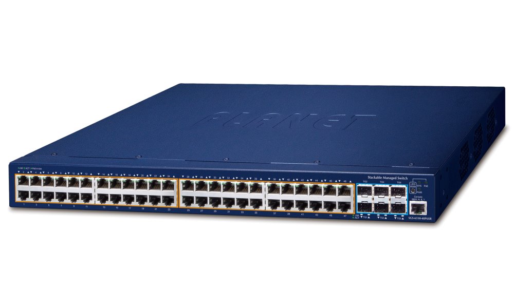 Planet SGS-6310-48P6XR L3 switch, 48x1Gb, 6x10Gb SFP+, 48x PoE 802.3at 740W, HW/IP stack, 2x power-in, VSF/Cluster