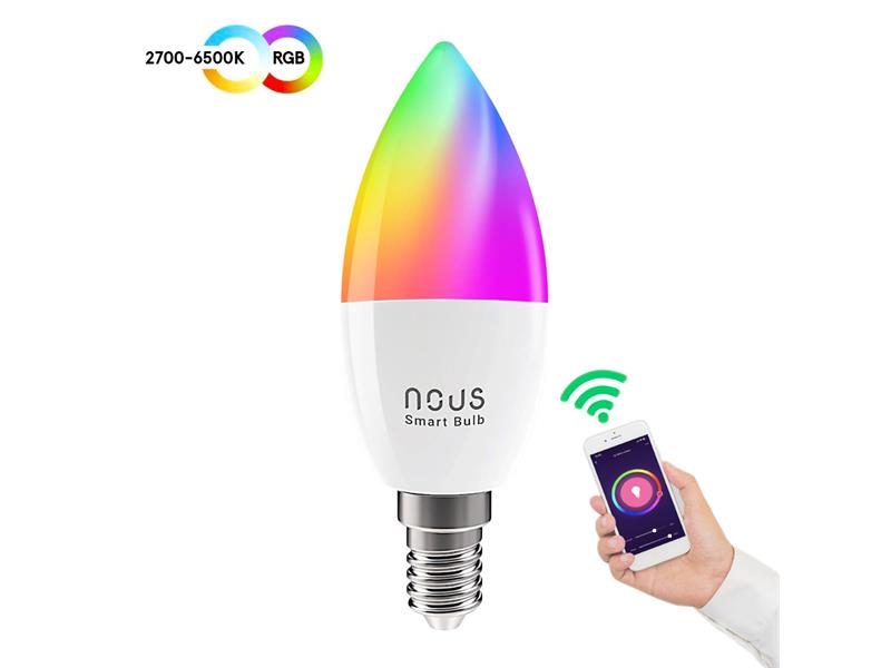 NOUS P4, smart žárovka E14 230V, WiFi, svíčka, 380lm, vícebarevná RGB, kompatibilní s Tuya 91145 Smart LED žárovka E14 4,5W RGB NOUS P4 WiFi Tuya