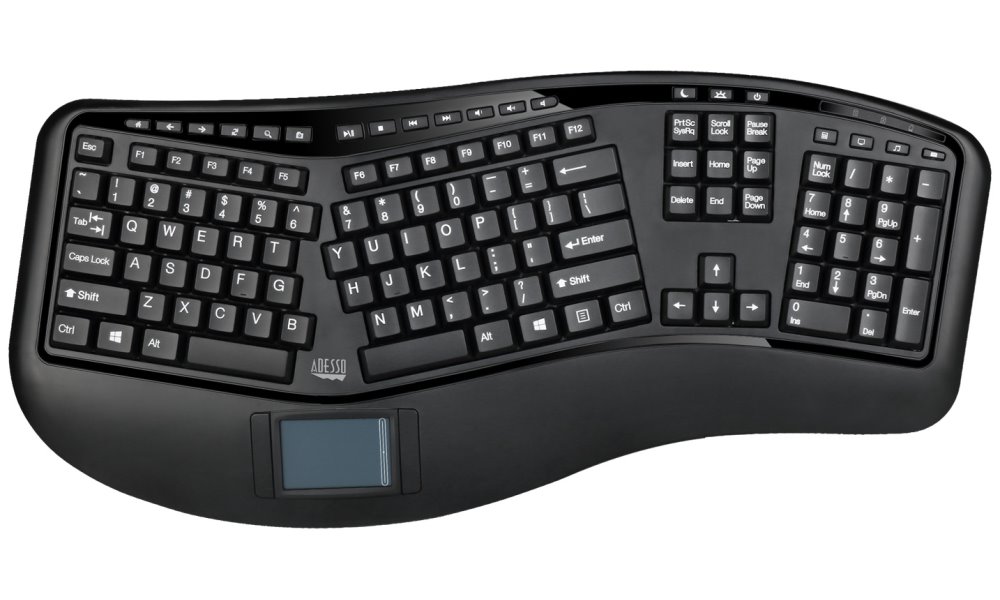 Adesso WKB-4500UB/ bezdrátová klávesnice 2,4GHz/ ergonomická/ touchpad/ USB/ černá/ US layout