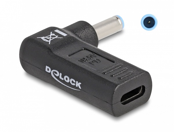 Delock Adaptér na kabel na nabíjení laptopu, ze zásuvky USB Type-C™ na zástrčku HP 4,5 x 3,0 mm, úhlový 90°