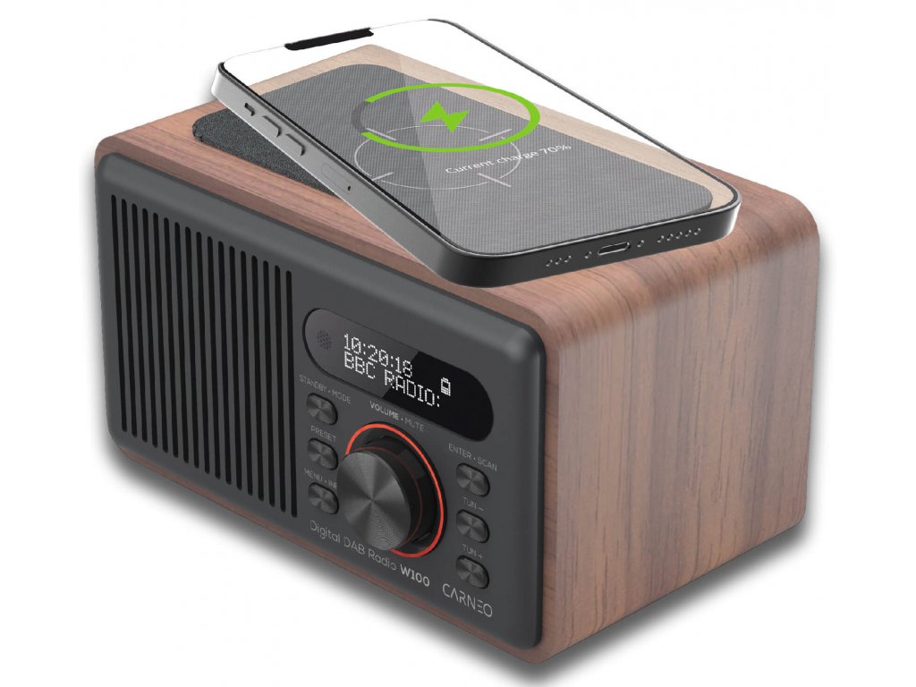 Carneo W100 Rádio CARNEO W100 DAB+, FM, BT, Wireless charging, wood Nové