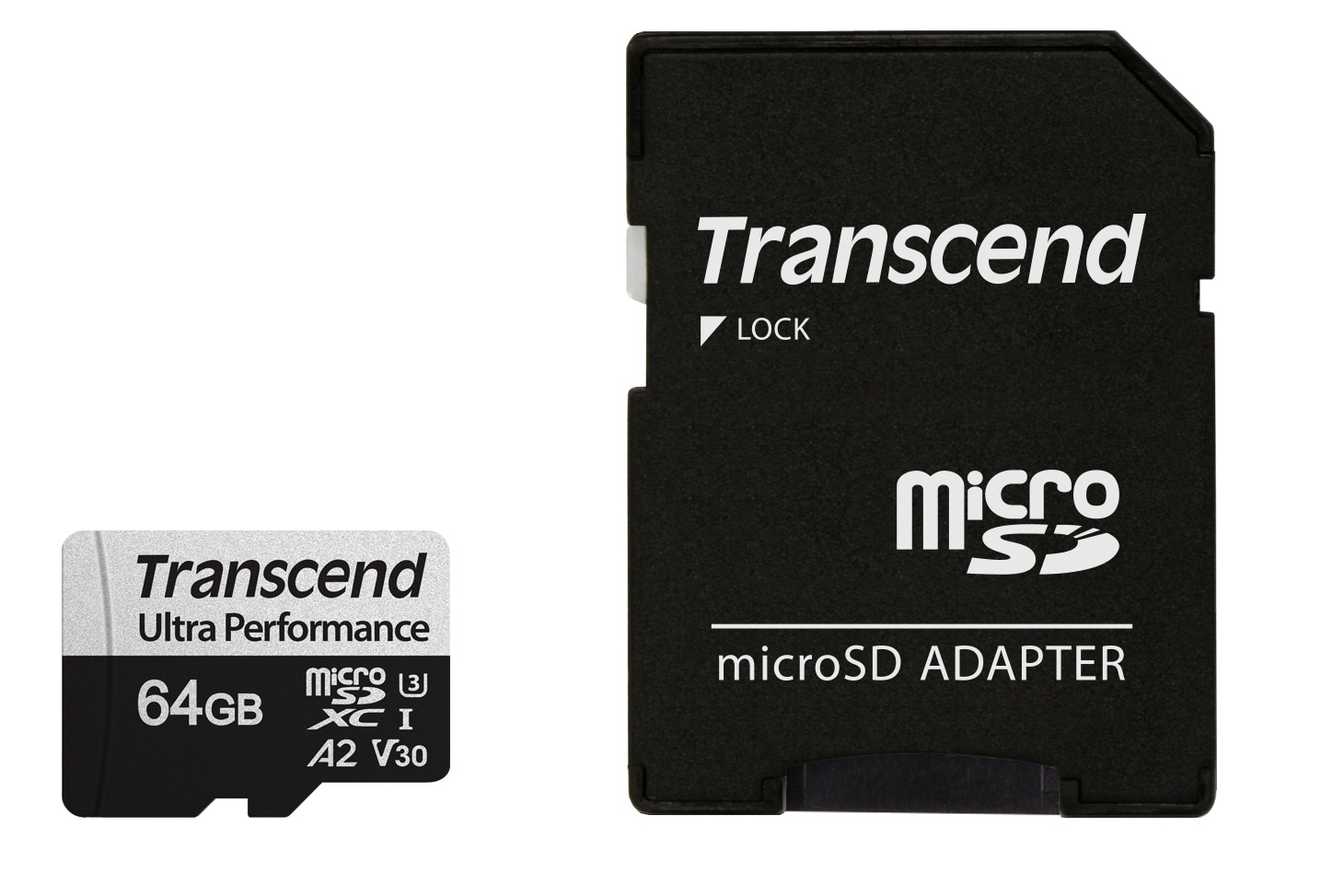 Transcend 64GB microSDXC 340S UHS-I U3 V30 A2 3D TLC (Class 10) paměťová karta (s adaptérem), 160MB/s R, 80MB/s W