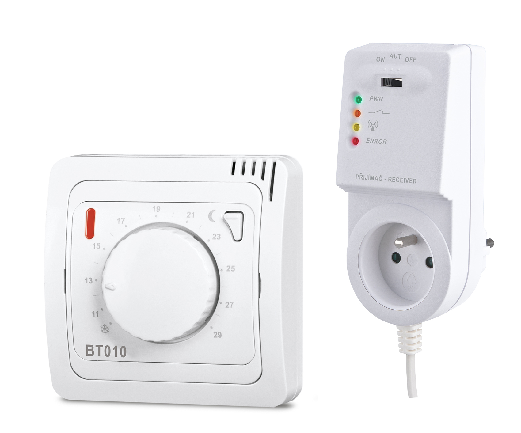Elektrobock BT015 BT015 RF je bezdrátový termostat se systémem samoučení kódů, jednoduchým ovládáním pomocí kolečka a přijímačem do zásuvky.