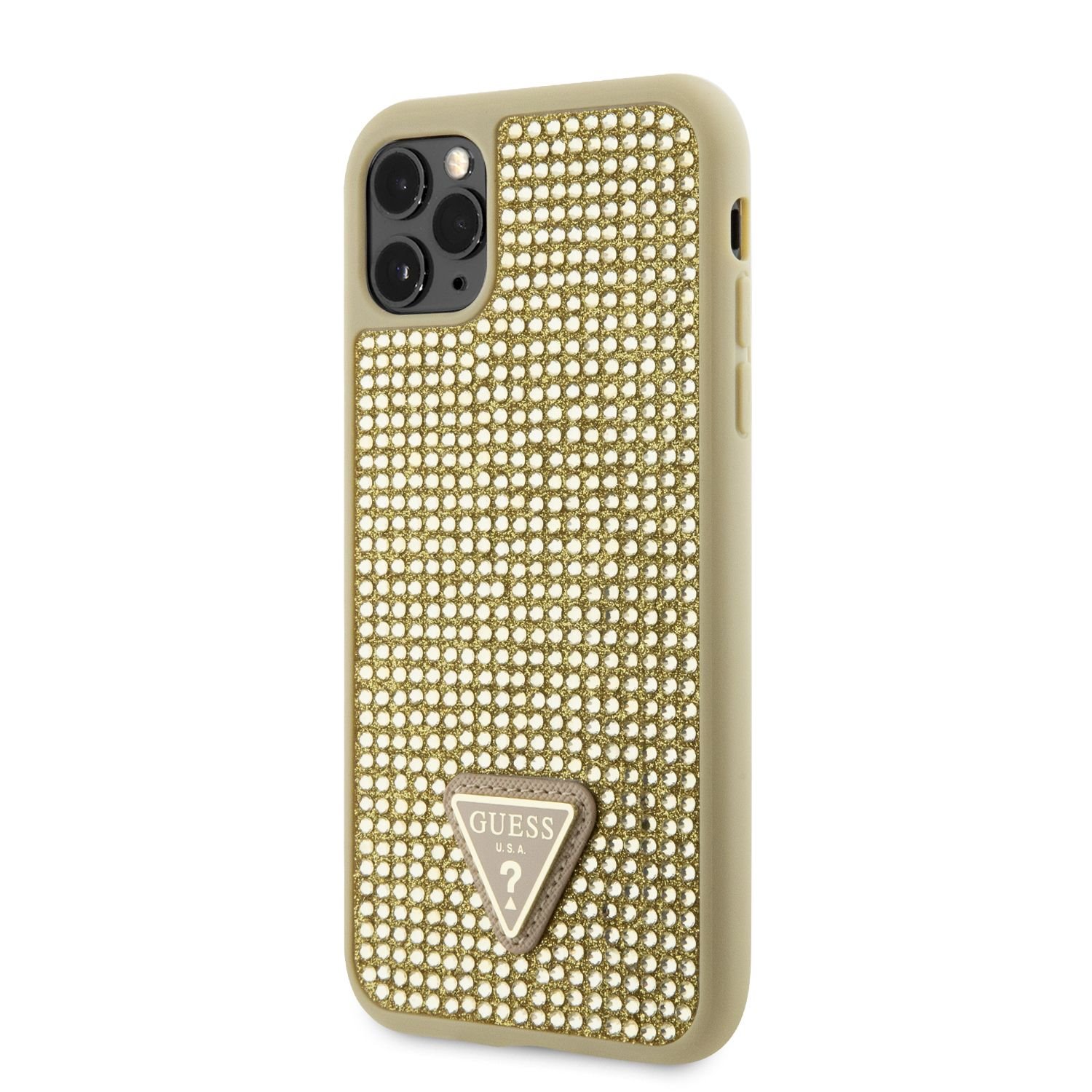 Guess Rhinestones Triangle Metal Logo Kryt pro iPhone 11 Pro zlatý Nové