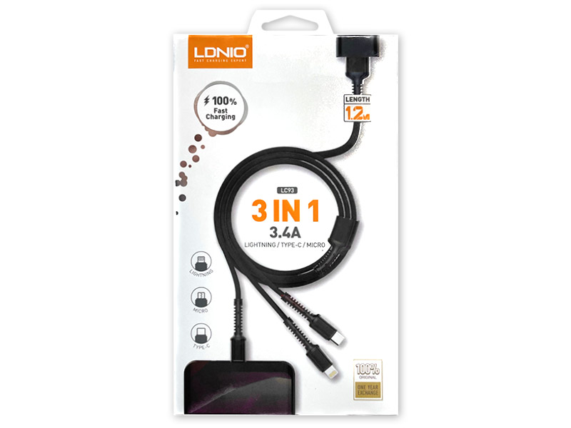 DeTech Nabíjecí kabel 3v1, Type-C, Micro USB, Lightning, 1.2m - Černý Nové