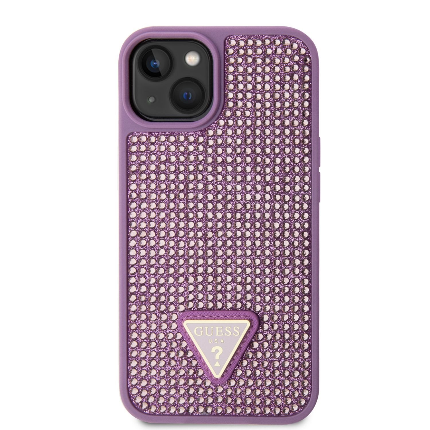 Guess Rhinestones Triangle Metal Logo Kryt pro iPhone 14 fialový Nové