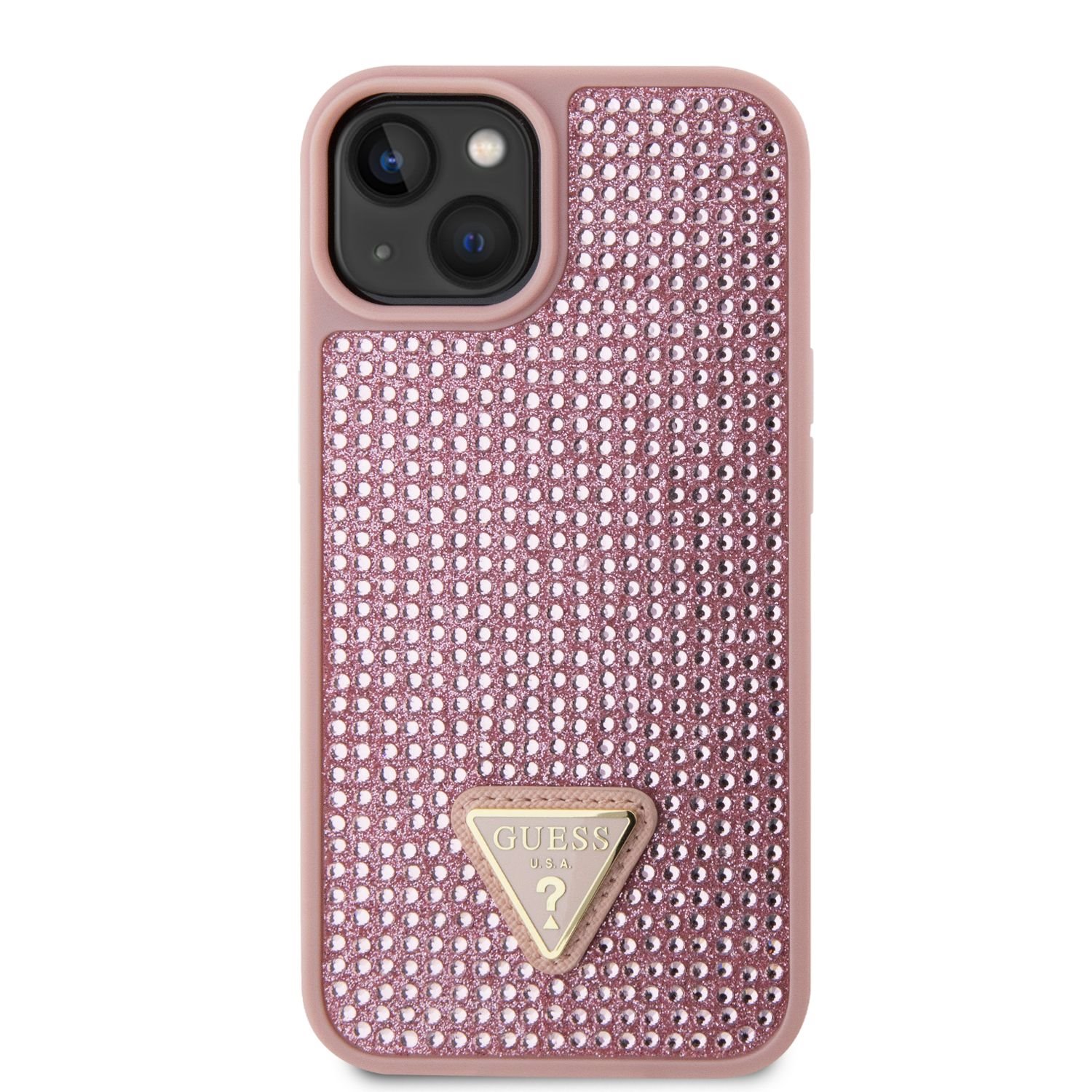 Guess Rhinestones Triangle Metal Logo Kryt pro iPhone 14 růžový Nové