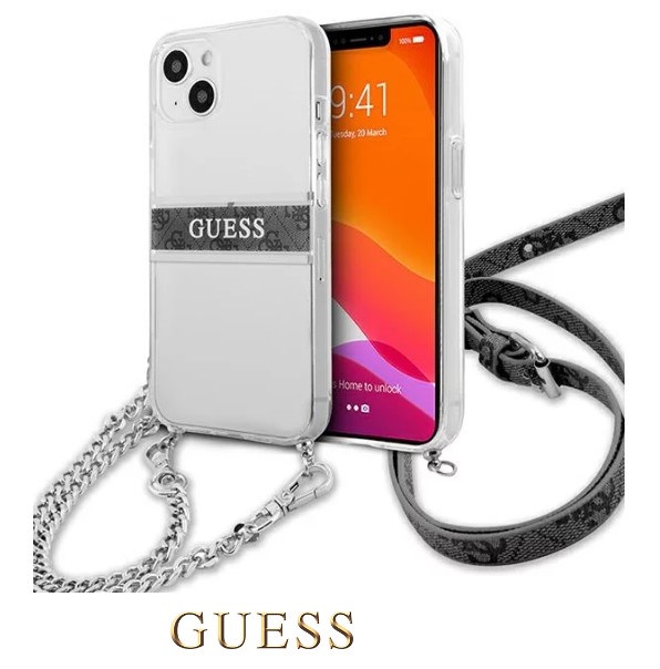 Pouzdro Guess iPhone 13 mini Transparent hardcase 4G Strap Silver Chain šedé Guess iPhone 13 mini Nové