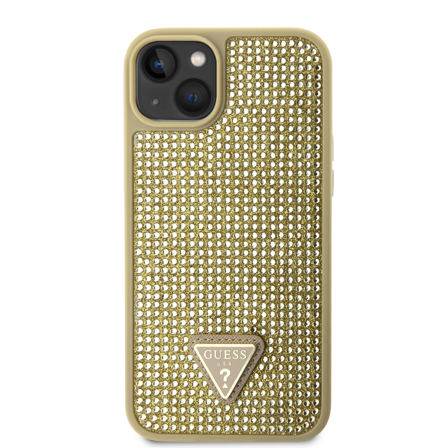 Guess Rhinestones Triangle Metal Logo Kryt pro iPhone 14 zlatý Nové