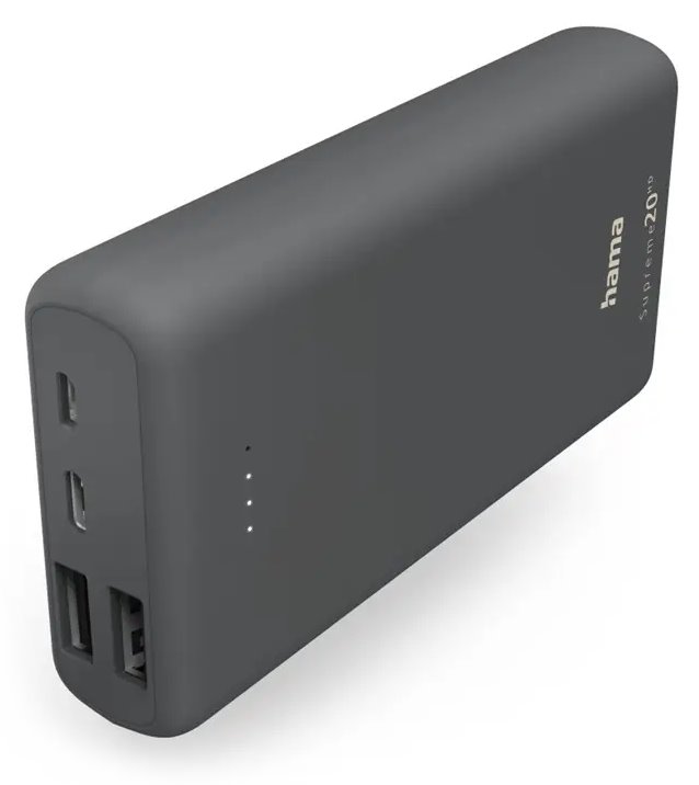 HAMA powerbanka Supreme 20HD, 20000 mAh, 3 A, 3 výstupy: 1x USB-C, 2x USB-A, vstup micro USB/USB-C, šedá