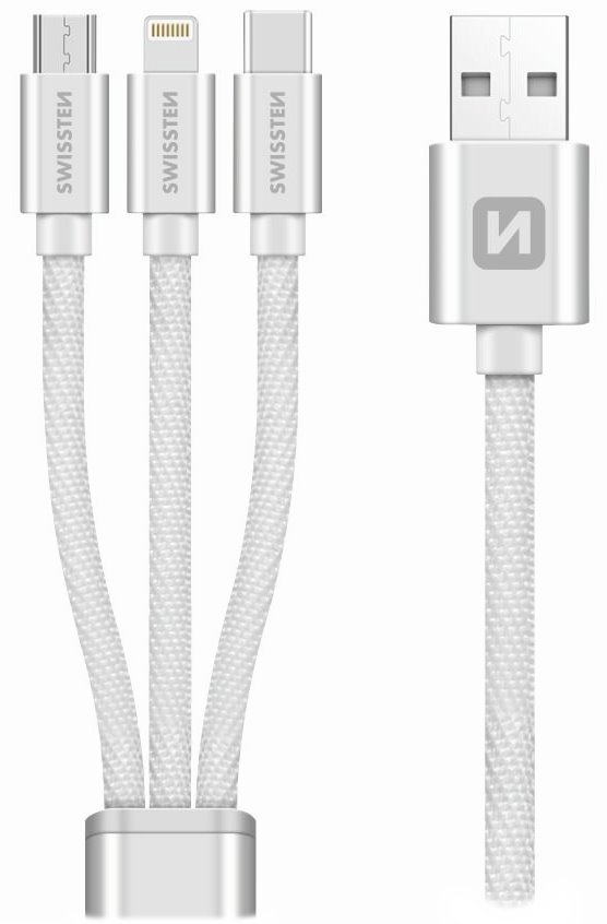 Swissten kabel Textile 3in1 mFi 1,2 m, stříbrná Swissten Datový kabel 3in1 MFi, 1,2 m, textilní, (micro USB, USB-C, Lightnings) stříbrný