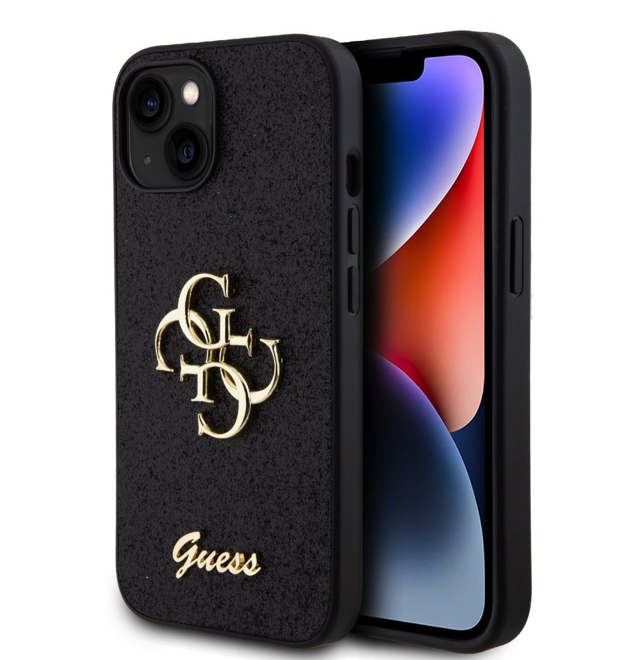 Guess PU Fixed Glitter 4G Metal Logo Zadní Kryt pro iPhone 15 Černý Nové