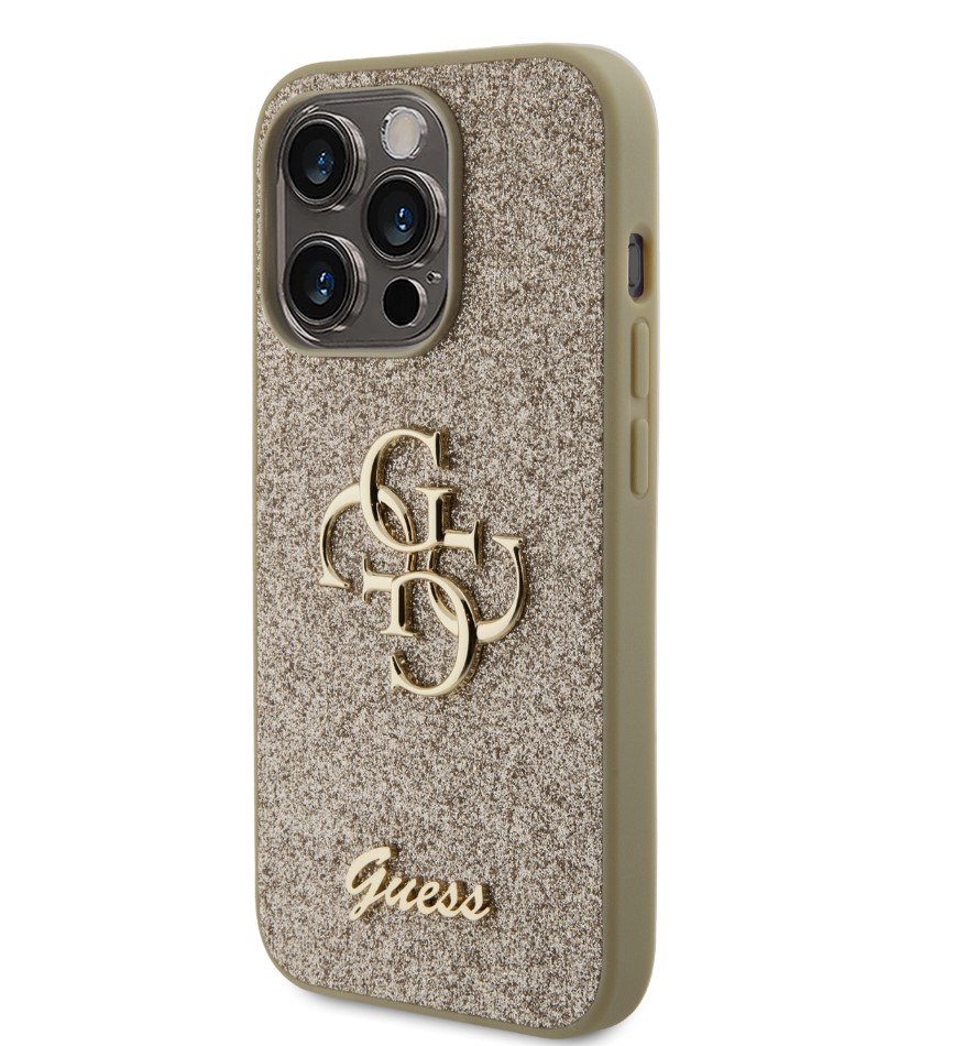 Guess PU Fixed Glitter 4G Metal Logo Zadní Kryt pro iPhone 15 Pro Zlatý Nové
