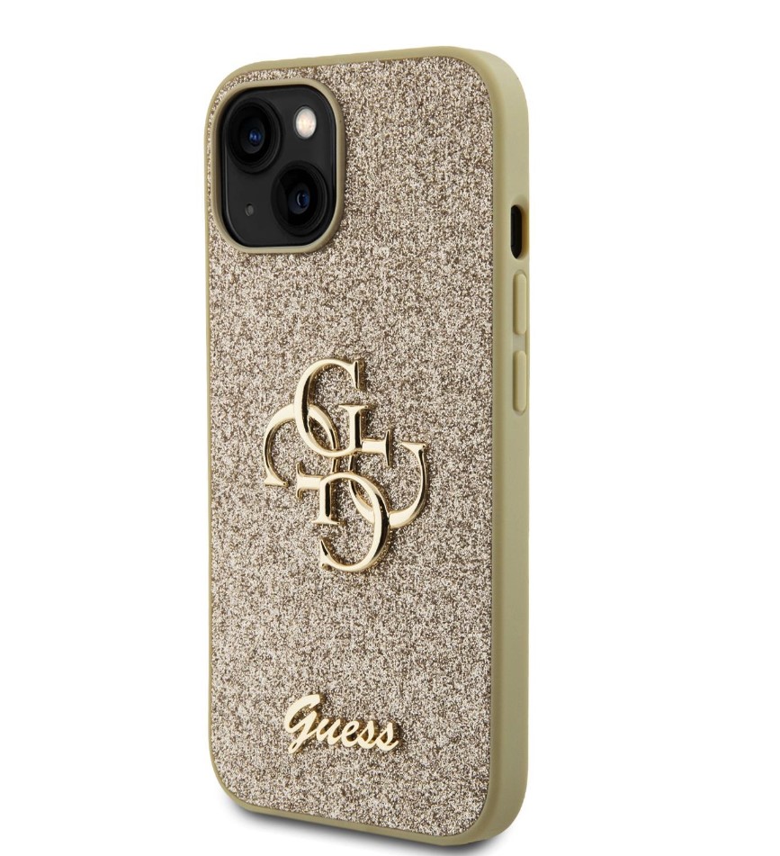 Guess PU Fixed Glitter 4G Metal Logo Zadní Kryt pro iPhone 15 Zlatý Nové