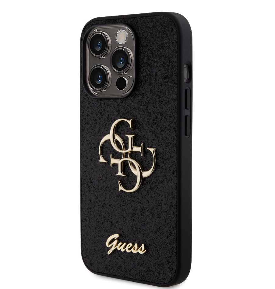 Guess PU Fixed Glitter 4G Metal Logo Zadní Kryt pro iPhone 15 Pro Černý Nové