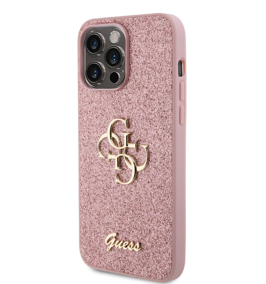 Guess PU Fixed Glitter 4G Metal Logo Zadní Kryt pro iPhone 15 Pro Max Růžový Nové