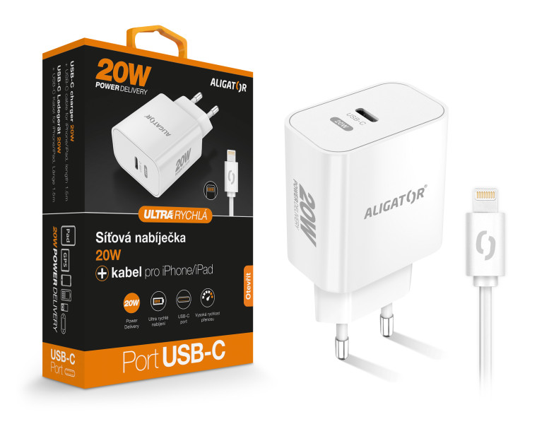 Chytrá síťová nabíječka ALIGATOR Power Delivery 20W, USB-C kabel pro iPhone/iPad, bílá