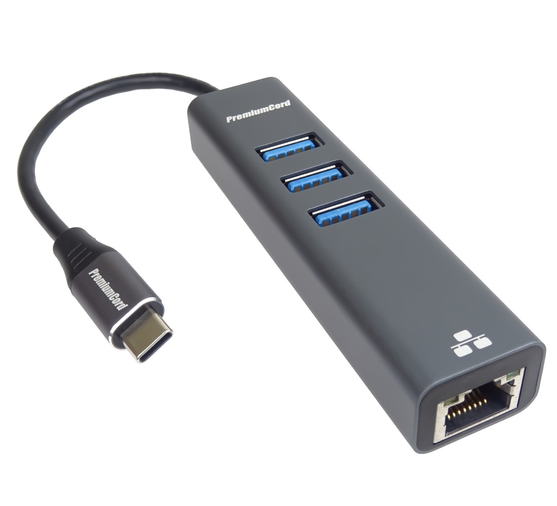 PremiumCord Adapter USB-C na Gigabit 10/100/1000Mbps + 3x USB3.0 konektor