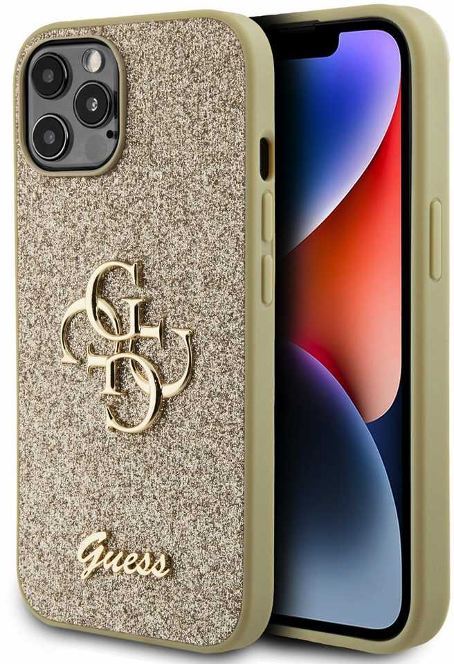 Guess PU Fixed Glitter 4G Metal Logo Zadní Kryt pro iPhone 12/12 Pro, zlatá Nové