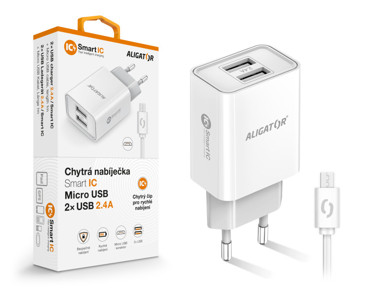 Chytrá síťová nabíječka ALIGATOR 2,4A, 2xUSB, smart IC, bílá, micro USB kabel