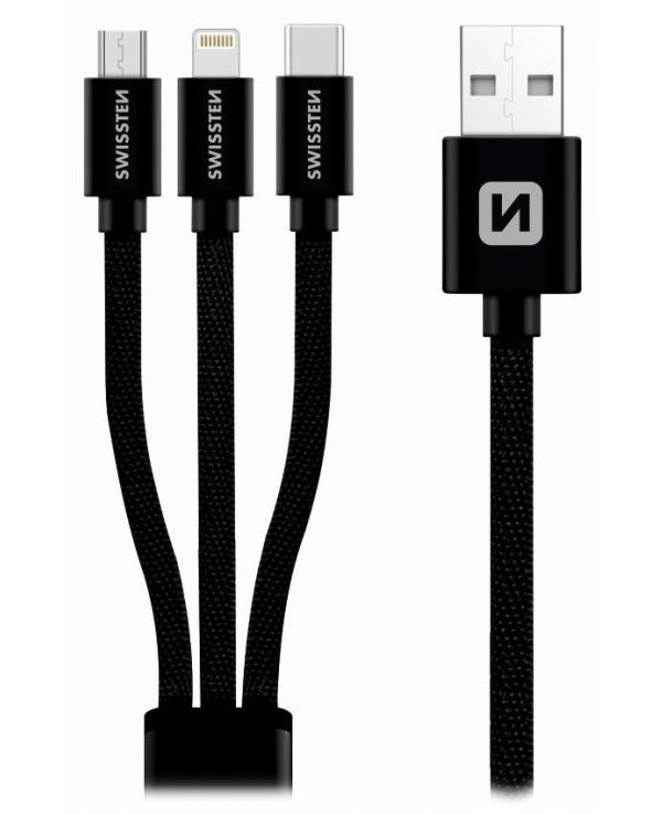 Swissten Datový kabel 3in1 MFi, 1,2 m, textilní, (micro USB, USB-C, Lightning) černý
