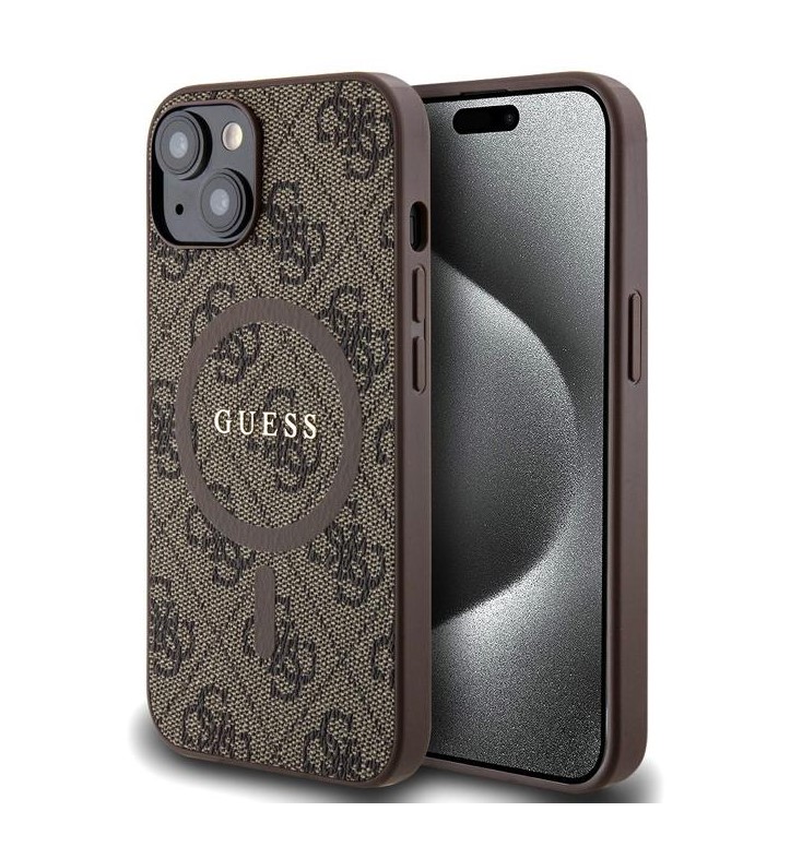 Guess PU Leather 4G Colored Ring MagSafe Zadní Kryt pro iPhone 14 Brown Nové